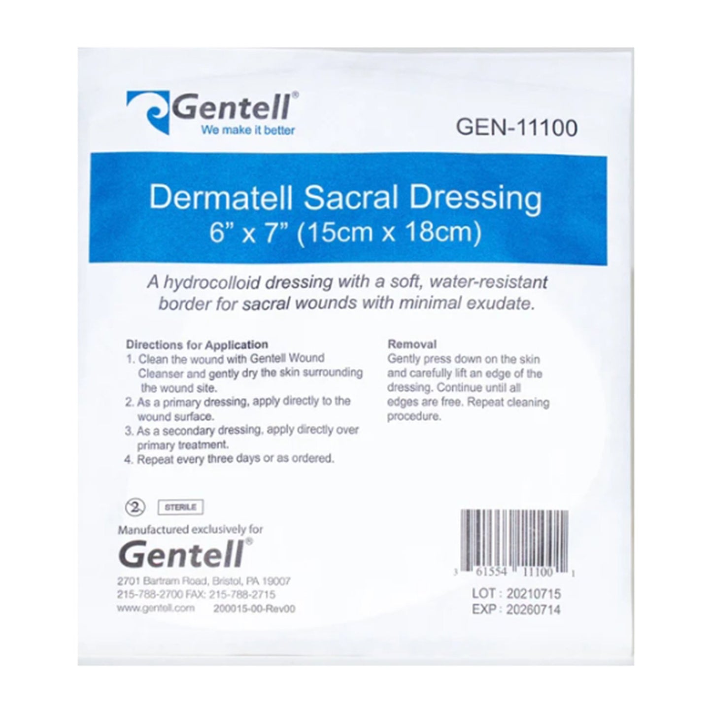 Hydrocolloid Dressing Gentell® Dermatell™ 6 X 7 Inch Sacral Hydrocolloid 10/bx